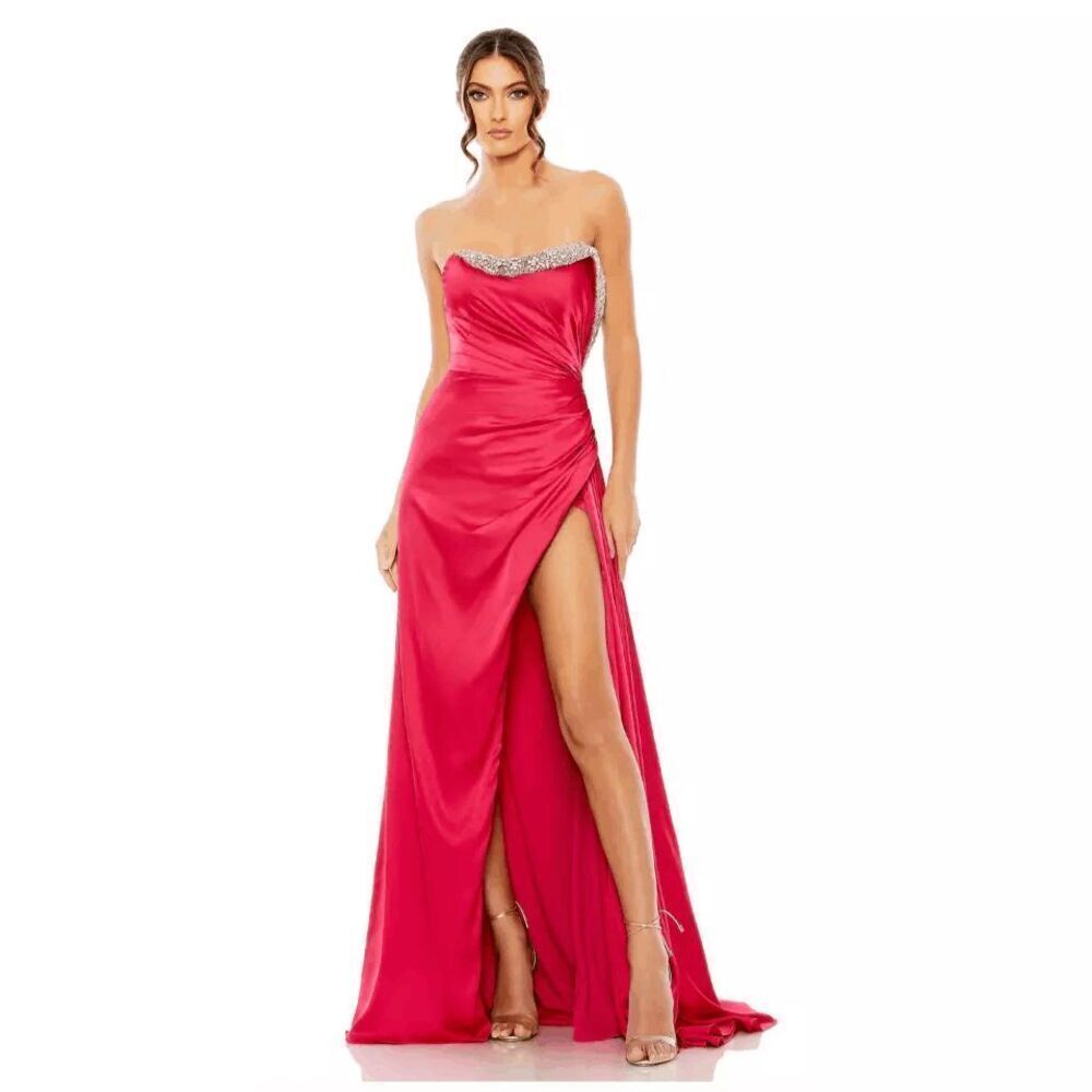 Mac Duggal Strapless Ruched Embellished Gem Gown Hot Pink Barbie Dress Size 6